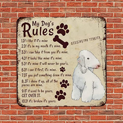 Funny Pet Dog Metal Tin Sign Plaque Bedlington Terrier My Dog's Rules Vintage Dog Welcome Sign Metal Poster Retro Bar Dog Sign Plaque for Garden Backyard Home Decor Great Gift 12 Inch