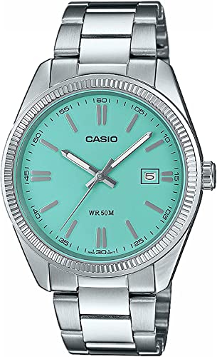 Casio Damen Quartz Armbanduhr, 39.00mm Gehäusegröße mit blau analog Zifferblatt und Silber Metallarmband Armband MTP-1302PD-2A2VEF