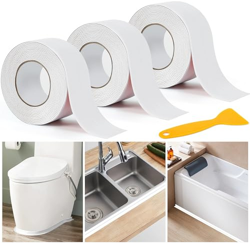 DREETINO Bath Sealant Strip - 3 Pack Self-Adhesive Caulk Tape, 11 Ft | Includes A Sealing Tool for Neat Application on Kitchen, Bathroom, Toilet And Wall Corners, Helping Block Gaps And Moisture.