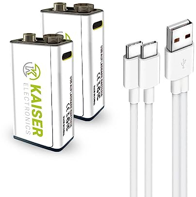 KAISER ELECTRONICS 9V Lithium Batterie, wiederaufladbar, USB-C, 2er Pack, 2600mWh