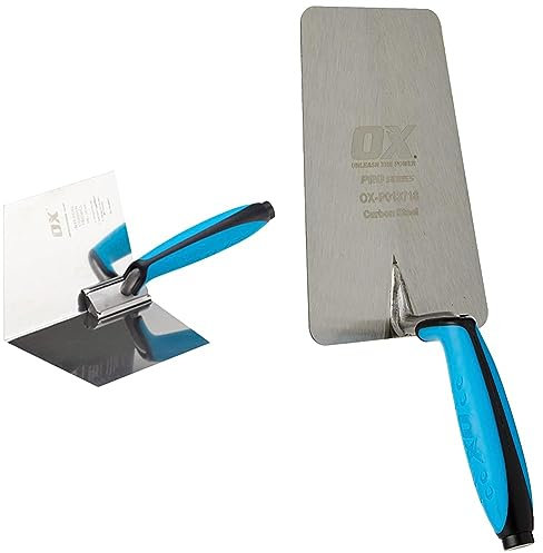 OX Pro Dry Wall Internal Corner Trowel 102 X 127mm & OX PRO Series Plasterers/Builders Carbon Steel Bucket Trowel with Dura grip Soft handle– 7” Large