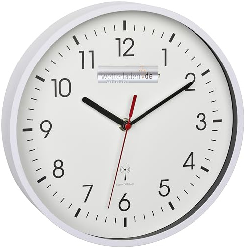 TFA Dostmann Analoge Funk-Wanduhr, 60.3550, höchste Genauigkeit, modern, analog, Glasabdeckung, für Büro, zu Hause, Geschenk, 245 x 245 x 42 mm (Weiß mit Batterie)