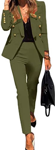 HANXIULIN Elegante tuta da lavoro, da donna, semplice, da lavoro, da ufficio, a tinta unita, slim fit, militare, blazer, da donna, per l'uso quotidiano, verde militare, M