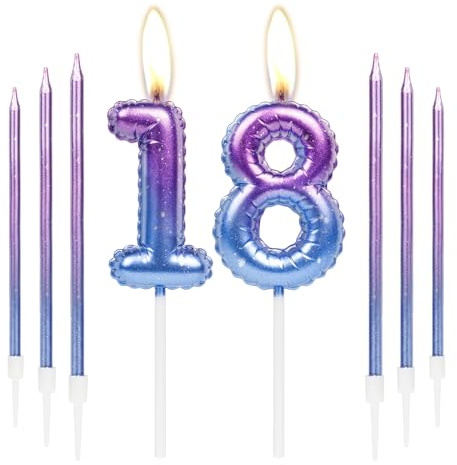 Set mit Kerzen zum 18. Geburtstag – Zahl 18 mit 6 langen lila blau – Dekoration für Kuchen und Partys für Mädchen und Jungen