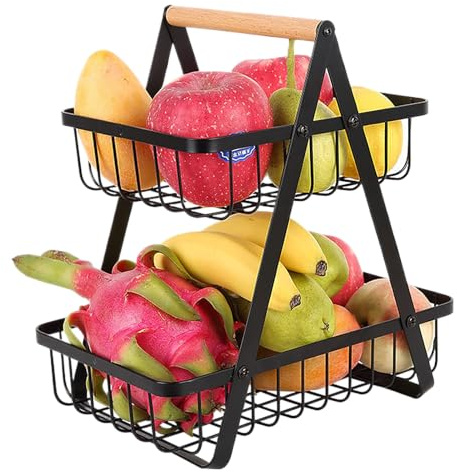 NCONCO Fruit Basket 2 Tier Fruit Bowl Bread Basket Vegetable Rack for Fruit, Vegetables, Snacks, Home, Kitchen Storage,Black