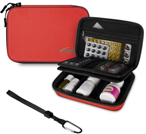 MEDMAX Pillen Organizer Tasche, Tragbare Notfalltasche | Medikament Tasche Organizer für Medizin Vitamine Fischöl Pillen, Stoßfest Medikamententasche für Reisen (Leere Tasche), Rot