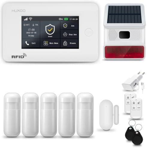 HUXGO® HXA006 Sistema di allarme casa senza fili con radio Sirena solare WiFi + GSM 4G | Impianto allarme casa kit con 1x sensori di allarme per finestre/portes, 5x rilevatori di movimento