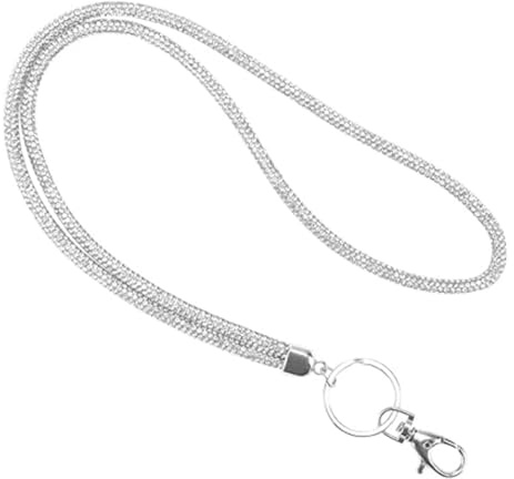 JJiaoLinin Lanière Collier en Cristal, Cordon Tour de Cou Porte Badge Porte Carte Cou en Cristal Cordon Tour de Cou avec Strass avec Boucle Mousqueton et Anneau Porte-clés Argenté Blanc