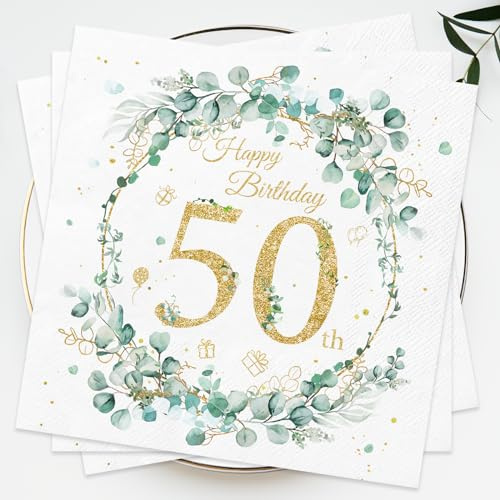 50. Geburtstag Deko, Wentsent 40 Stück Servietten Eukalyptus Geburtstag Grün Gold, Happy Birthday Servietten Einweg Papierserviette für 50. Geburtstagsservietten Jubiläum Tischdeko Frau Mann