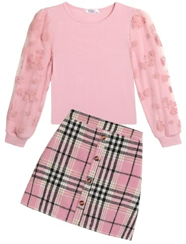 Arshiner Ragazze Completi di Abbigliamento Bambine Elegante Top a Maniche Lunghe con Plaid Gonna Set Autunno Inverno Outfit Moda Coordinati per Ragazze 7-8 Anni