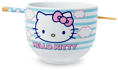 Silver Buffalo Sanrio Hello Kitty Blue and Pink Skies Keramik-Ramen-Nudel-Reisschale mit Essstäbchen, mikrowellengeeignet, 590 ml