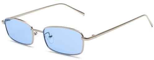 JCTAIFOO Retro Rechteck Sonnenbrille für Frauen Männer Quadratische Schmale Hip Hop Kleine Rahmen Sonnenbrille Silber/Blau