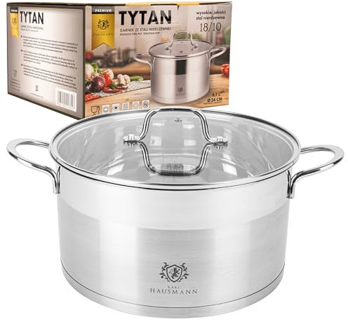 KARL HAUSMANN Faitout Inox - 6.1L - 24 cm - Marmite Induction en Acier Inoxydable 18/10 - Casserole avec Couvercle en Verre - fait tout tous feux - Faitouts Avec Échelle de Mesure - Cocotte Inox