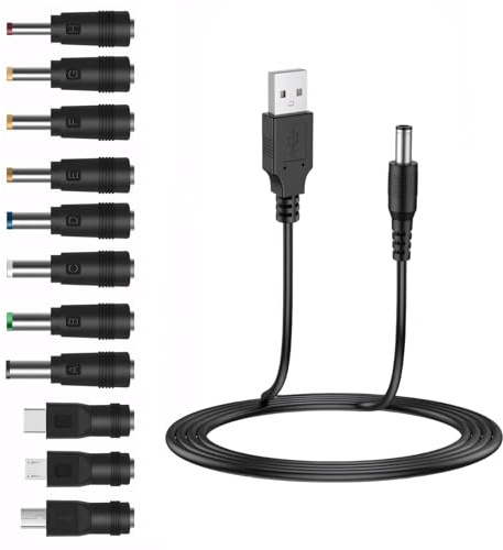 Belligern USB to DC Power Cable Universal DC Adapter DC 5v Charger with 11 Selectable Connector Tips Plug Power Cord Adapter with Barrel Jack Connectors Compatible for Laptops Router Keyboard