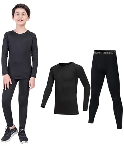 MUNSKT sous Vetement Thermique Enfant, Ensemble de sous vêtement Thermique pour Garçon et Fille à Séchage Rapide Tee Pantalons Set pour Ski Et Football pour 6-14 Ans, Hiver Chaud Respirant (Noir, M)
