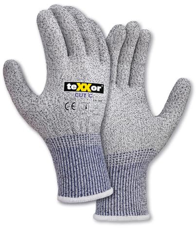 texxor 12 Stück Schnittschutz-Strickhandschuhe 2612, CUT C, ohne Beschichtung, Packung, grau-schwarz, 8/M, Schnittschutzhandschuhe, Arbeitshandschuhe, Küchenhandschuhe
