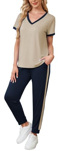 Famulily Damen-Trainingsanzug-Set, V-Ausschnitt, kurzärmeliges Oberteil und gestreifte Jogginghose, Sommer, 2-teiliges Outfit mit Taschen, S-XXL