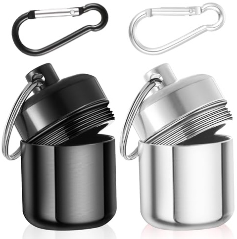 YUXIANLB 2 Pack Ear Plug Carrying Case Keychain, Waterproof Metal Earplug Case with Carabiner for Ear Plugs, Small Travel Pill Organizer Loops Earplugs Cases Keychain Container Holder (Silver, Black)