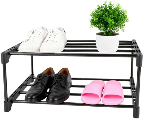 Zykra Schuhregal 2 Ebenen, Schwarz Metall, Klein Schmal | Platzsparend, Stapelbar, Dauerhaft, Für Flur, Wohnzimmer, Schlafsaal, Schlafzimmer, Eingangsbereich