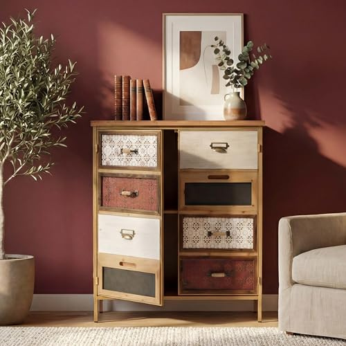 Mendler Commode de pharmacien HWC-O79 Aspect Vintage Shabby 94x80x35cm, Rouge/Bleu