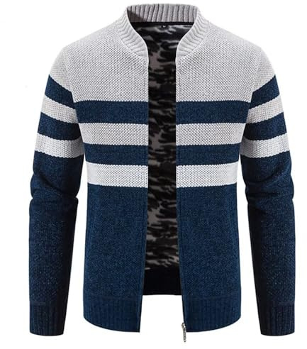 Jinsha Uomo-Maglione Classico-Business Casual-Giacca Cardigan - Maglia Fashion Collo Alto con Cerniera Grossa Caldo Foderato Autunno Primavera Invernale Maglioni Cappotto Uomo(White Blue-L)
