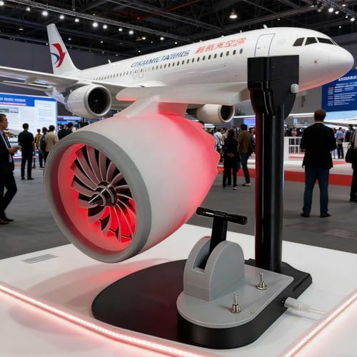 Turbofan - Ventilatore da tavolo creativo, design del motore con umidificatore ed effetti fiamma realistici, ventola da tavolo con tecnologia moderna, spray umidificante, effetto fiamma coda rossa