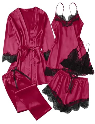 5 Piece Pyjamas Set Women Satin Lace Trim Pajama Set Belted Kimono Robe Floral Lace Cami Tops Shorts Pants Pjs Sets Ladies Elegant Sleepwear Soft Comfy Loungewear Womens Nightwear Homewear Hot Pink