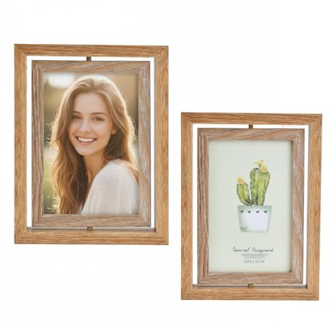 Ziyonix 2 Stück Bilderrahmen 360° Drehbarer Bilderrahmen 13 x 18 cm Holz Fotorahmen Doppelseitig Tisch-Fotorahmen Holzbilderrahmen mit Acrylplatte für Hochzeit Familie Geschenk Desktop Oder Wand