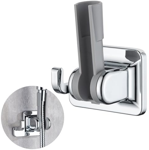 Joyoldelf Support de pommeau de douche sans perçage, autocollant, avec crochet, inclinaison réglable à 90°, ABS chromé, forte adhérence pour salle de bain (style B)
