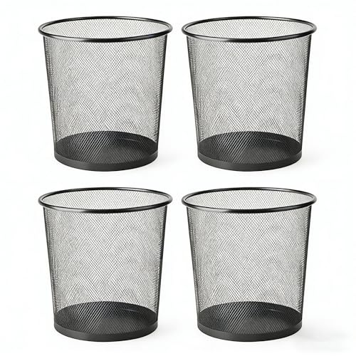 4 Pack Waste Paper Bins, 12 Litres Lightweight Circular Finest Black Mesh Waste Basket, Metal Trash Bin for Kitchens, Home Offices, Dorm Rooms, Living Rooms & Bedrooms (4)