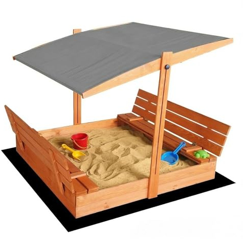 HATIS - Imprägnierter Sandkasten 140x140cm mit Dach, klappbarem Deckel und Sitzbänken, höhenverstellbares graues Dach, FSC-Zertifiziert, inkl. Geotextil-Unterlage, für Garten und Außenbereich