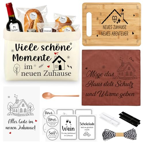 Einzugsgeschenke Haus Set, Brotkorb Stoff mit Bambus Schneidebrett und Küchentuch, Brot und Salz Aufkleber Geschenk zum Einzug, Einweihungsgeschenk Wohnung, Geschenkideen Neubewohner