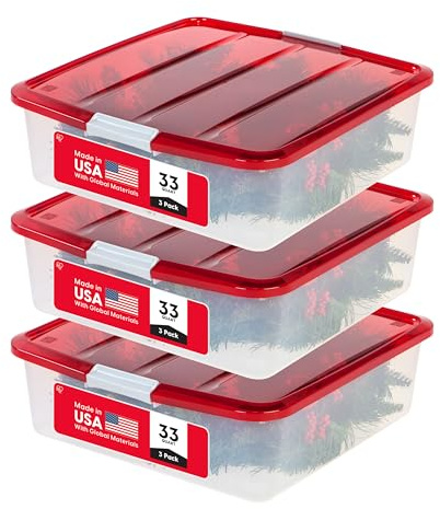 IRIS USA 33 Quart Christmas Wreath Storage Container Box with Lid, 3-Pack, Stackable Under Bed Storage Organizer Bin with Latching Buckles for 20 Wreaths Christmas Decorations Garlands, Clear/Red