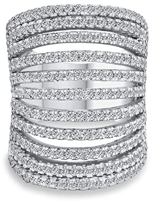 Anello a fascia larga multi banda con zirconi cubici geometrici pavé CZ a forma di armatura per dito intero, dichiarazione cocktail per donne e adolescenti in argento sterling .925
