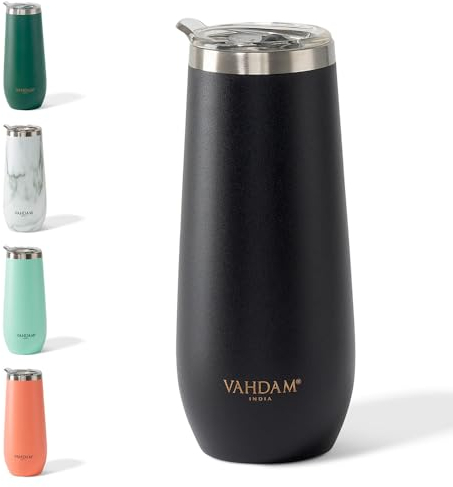 VAHDAM, Bicchiere da caffè in acciaio inox (270 ml, nero), isolamento sottovuoto, a doppia parete, a prova di sudore, con coperchio, per bevande calde e fredde