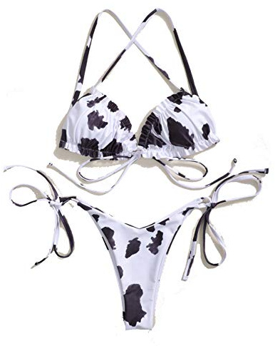 Ensemble bikini sexy 2 pièces avec bretelles spaghetti et string Motif vache - Blanc -