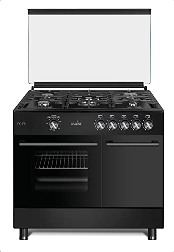 Gasline GAG90GPXFL-B Schwarz Gas Standherd mit Flaschenschrank Umluft Hähnchenspieß 71 Liter wok 4,8 kw 90cm Propan 50Mbar