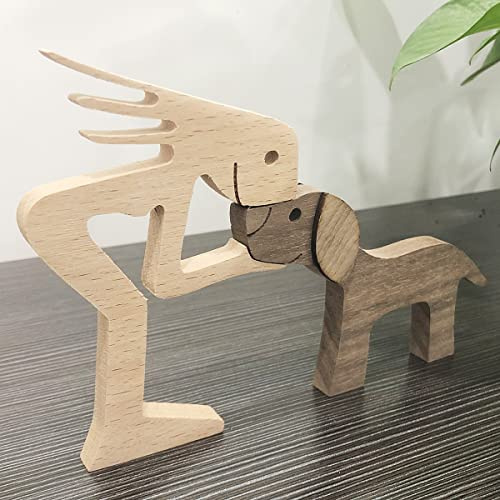 Semeid Holzstatuen für Hundeliebhaber, stehende Frau, Kuss, Welpe, Hund, Holz, geschnitzt, Sammlerstück, Kunsthandwerk, Kunstskulpturen, Haustier-Meidengeschenke, Souvenirs