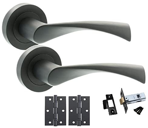 Golden Grace Astrid Twist Door Handle Set with 64mm Latch, Matt Black | Complete interior door pack includes 75mm ball bearing hinges, spindle, and screws for round rose mounting.