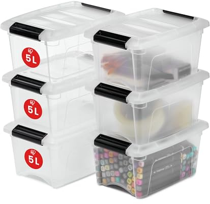 Iris Ohyama, Kunststoff-Aufbewahrungsbox, 5-Liter-Büro-Aufbewahrungsbox, 6er-Set, DDNTB-5, Transparent, Stapelbar, Verschlussclips, B28 x T19,5 x H14,5 cm