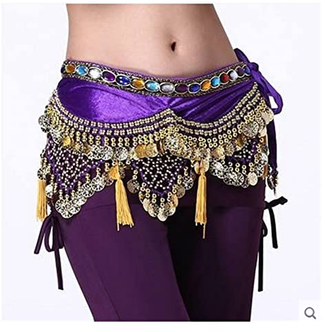 BAtlam Münzgürtel Bauchtanzkostüme Samtlaterne Goldmünzen Bauchtanz Hüfttuch for Frauen Bauchtanzgürtel Münzschal (Color : Yellow, Size : One Size) (Lila Einheitsgröße)