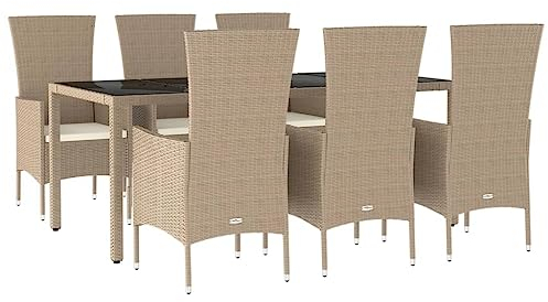 vidaXL Matgrupp för trädgården med dynor 7 delar beige konstrotting, matbord, matstolar, utegrupper, matstol, utegrupp, utebord, altanbord