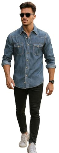 True Face Mens Denim Shirt 100% Cotton Multi Pocket Long Sleeve Casual Collared Button Down Washed Effect Shirts Top Dark Wash 2XL