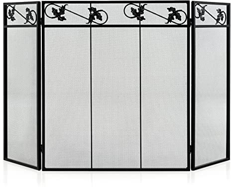 TANGZON 3 Panel Foldable Fire Screen, Metal Spark Fire Guard with Leaves Pattern, Indoor Outdoor Freestanding Safety Fireplace Fence for Coal Firing, Stoves and Grills (Leaves Pattern, 127x76cm)