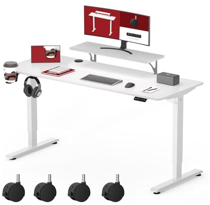 SANODESK Höhenverstellbarer Schreibtisch Computertisch mit Monitor Ständer Monitor Erhöhung Schreibtisch Höhenverstellbar Elektrisch Ergonomischer mit Haken und Rollen 2-Fach-Teleskop 120x60CM