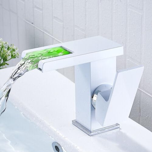 CLEADONG Wasserhahn Bad LED,Weiß Waschtischarmatur Wasserfall Mit 2 Schläuche, Modern Einhebel Waschbecken Armatur Für Bad Waschbecken, Messing Waschbeckenarmatur Wasserfall