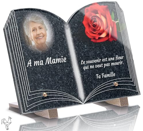 Plaque Funéraire Livre Personnalisée - Rose Granit - Textes Photo personnalisables, plusieurs lignes - Résistante aux Intempéries et Traitée Anti UV (30x20 cm (standard))