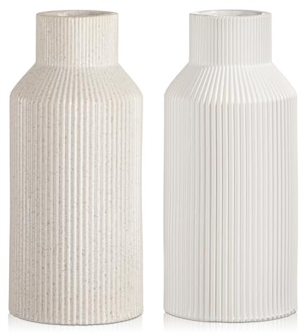 Arborus 2 Stück Boho Vase Keramik Vase 20 cm Weiße Blumenvase für Pampasgras Dekovase Matt für Blumen Deko Ästhetik Wohnzimmer Büro Badezimmer Tischdeko