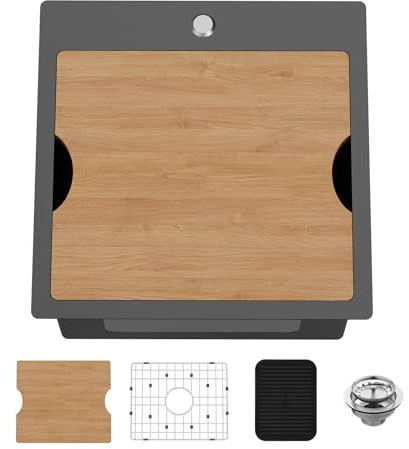 18x18 Inch Black Kitchen Sink Workstation - Stainless Steel Drop In Single Bowl Bar Sink Built-in Ledge Small Topmount Workstation Sink With Accessory-SS Grid Cutting Board,Silicon Mat,Drain Assembly