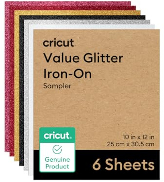 Cricut Glitter HTV Heat Transfer Vinyl | 25.4 cm × 30.5 cm | 6 Pack | Iron-On HTV Vinyl for Fabric, Ideal for Custom T-Shirts & DIY Projects